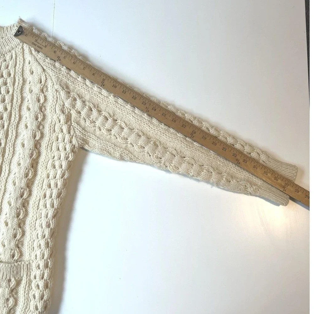Vtg L.L. Bean Fisherman Cable Knit Cardigan‎ Sweater Womens M Cream Coastal